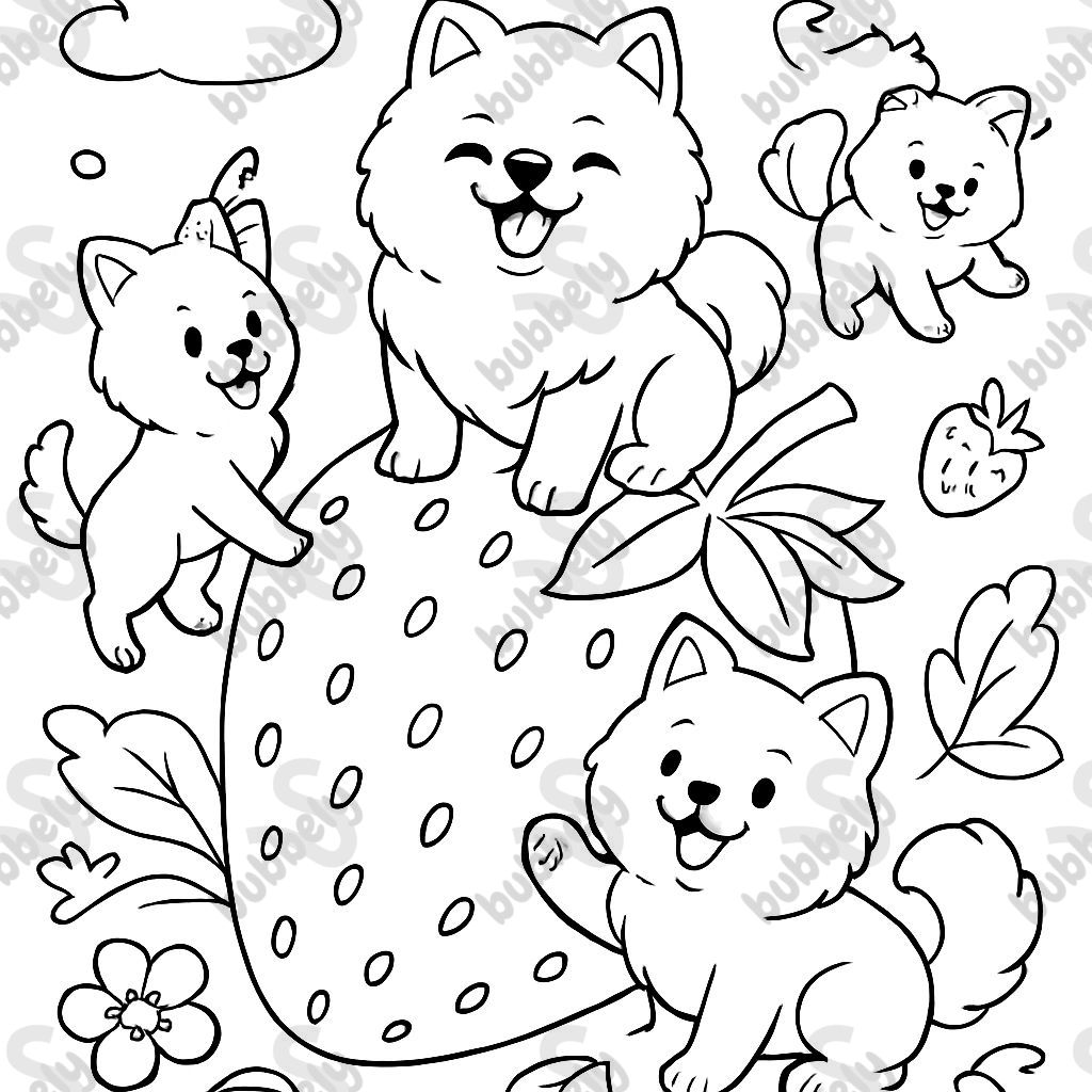 A bunch of pomeranian dogs on a strawberry.