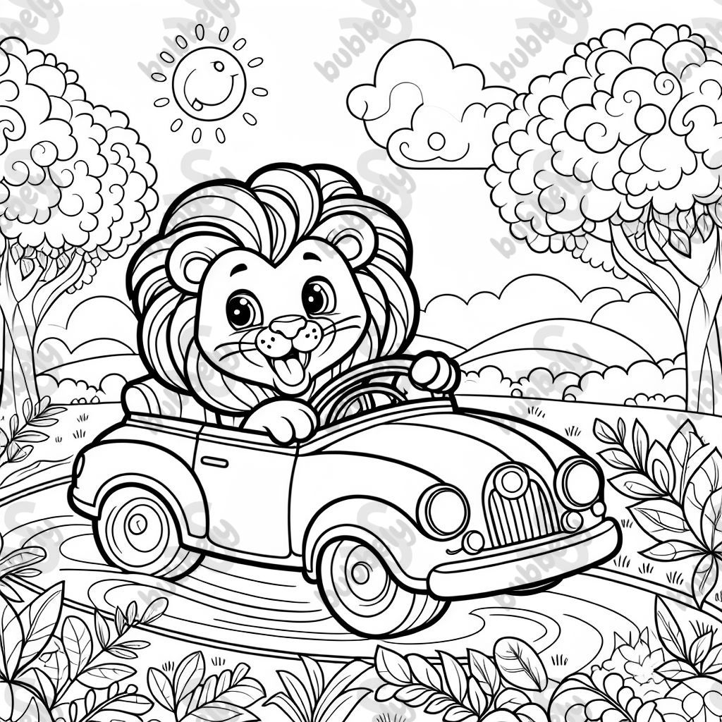 A lion riding in a car