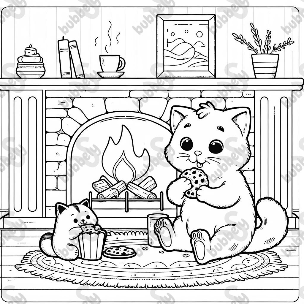 A cat sitting next to a fireplace eating a cookie.