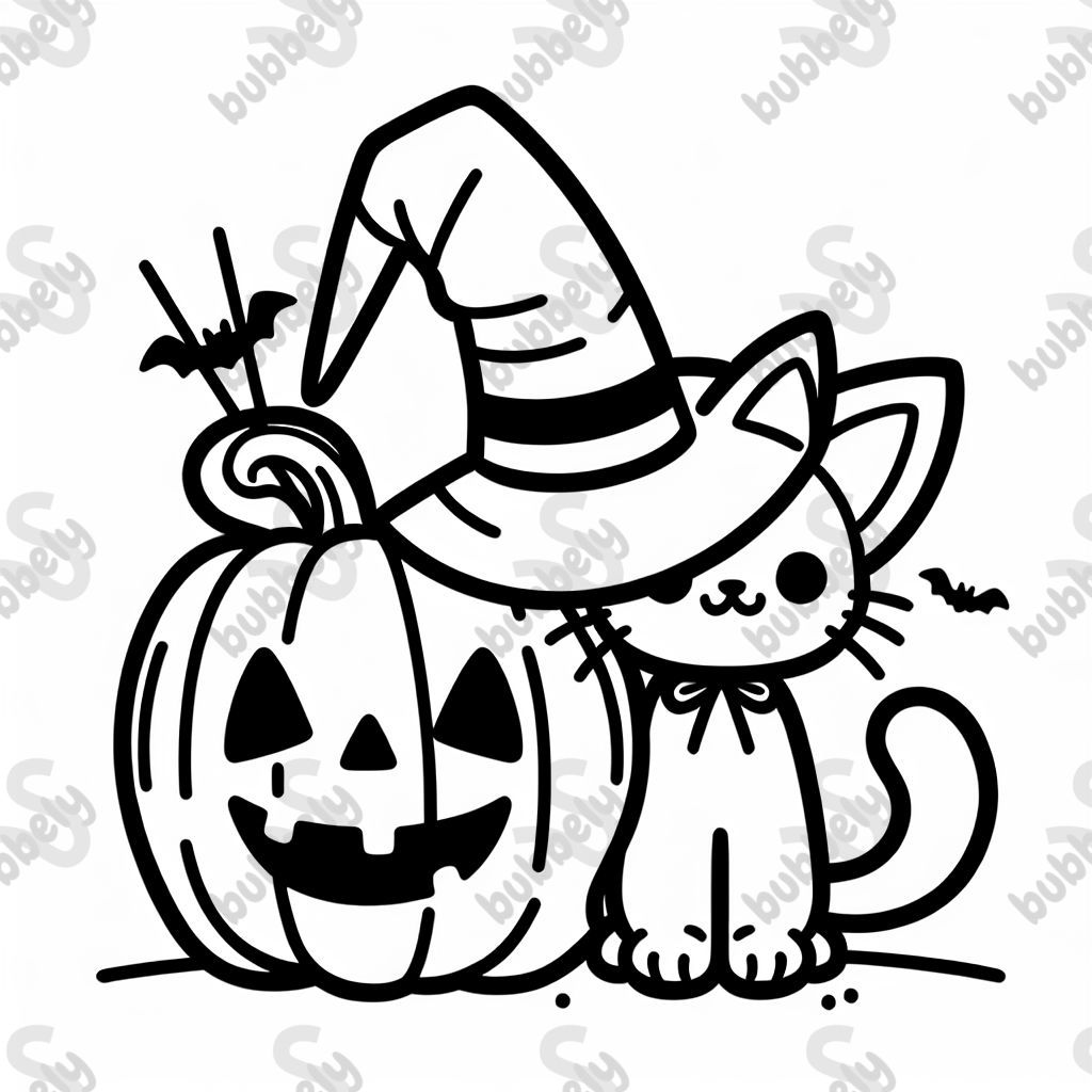 Jack o’lantern with a cat in a witch hat