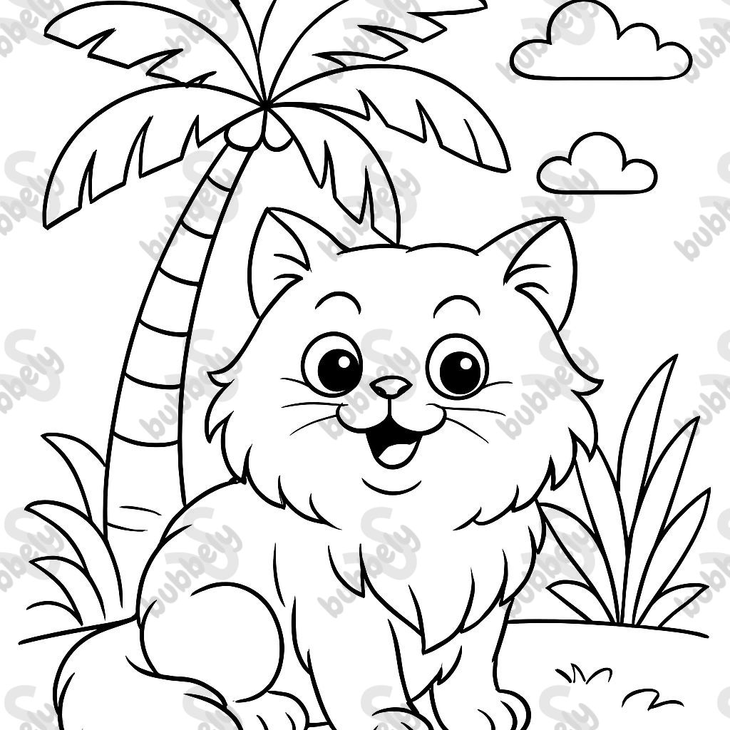 A Persian cat in front of a palm tree.