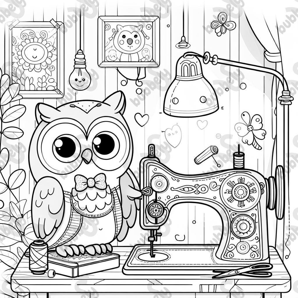 eine Eule an einer Nähmaschine