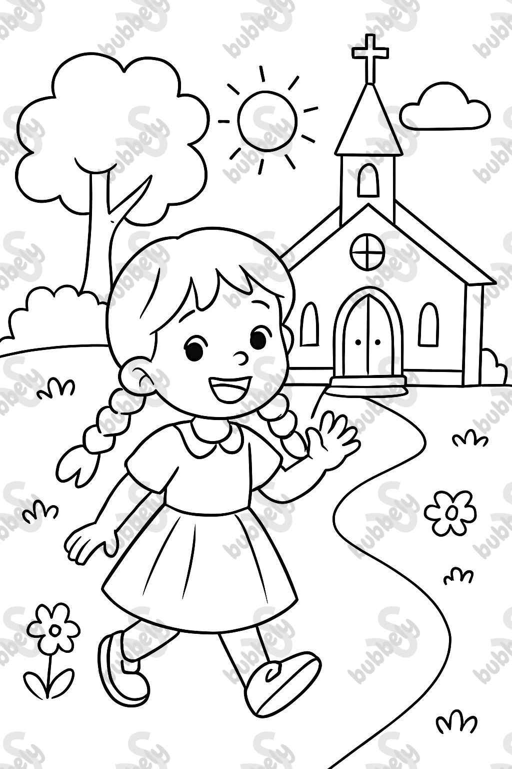 Menina de 3 anos em um vestido e tranças indo para a igreja. Menina de 3 anos em um vestido e tranças indo para a igreja.