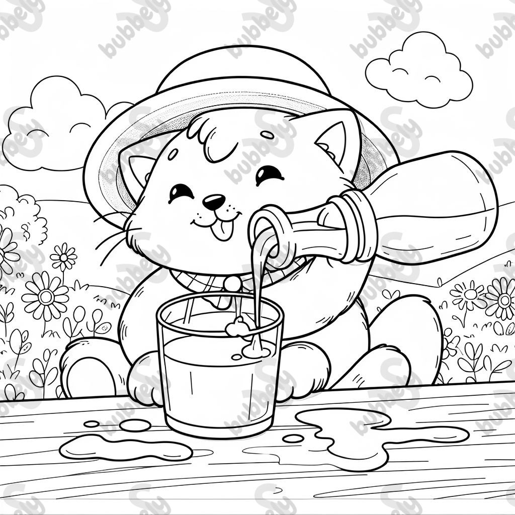 Katze schleck Milch und hat ein hut auf 