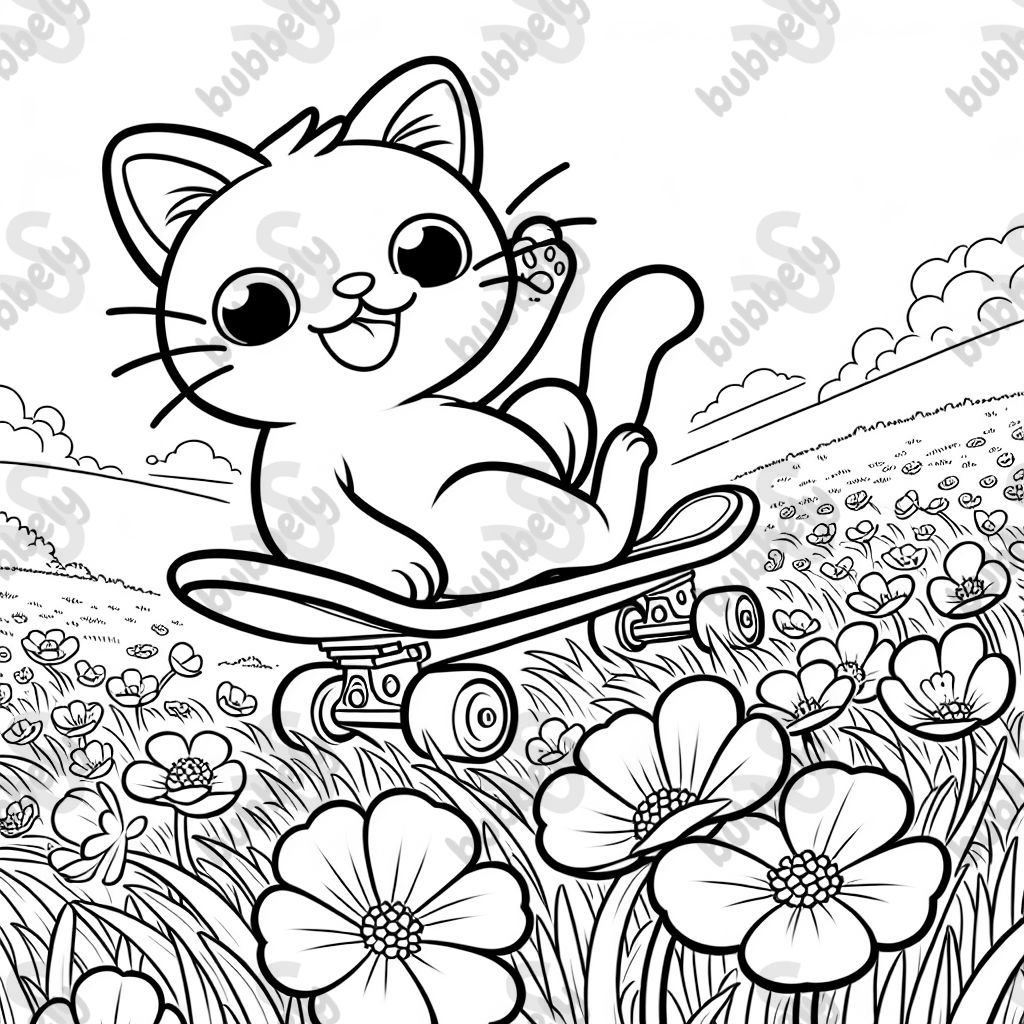 Cat riding a skateboard with buttercups in the grass
