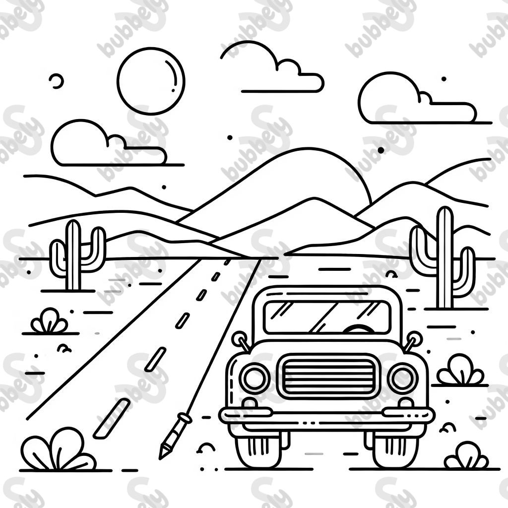 A car driving on a lonely road through the desert