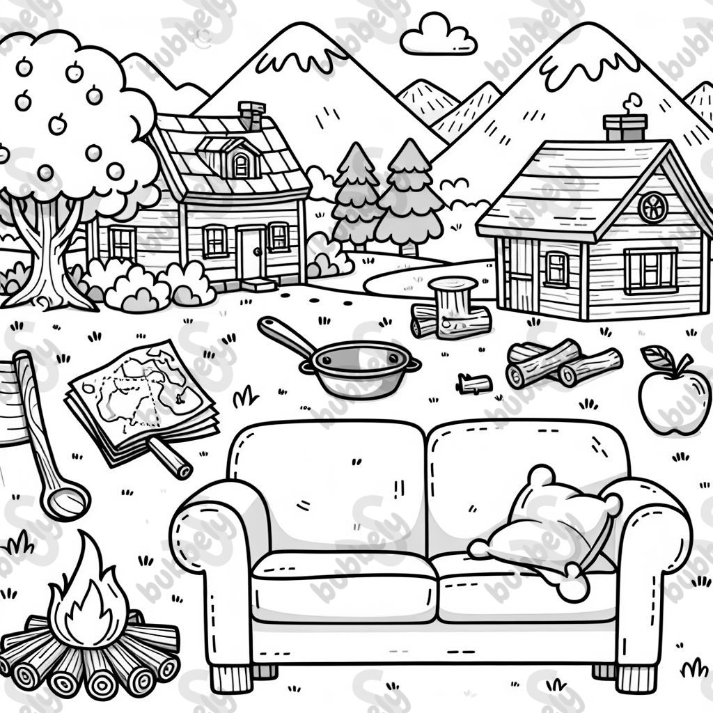 Schatzkarte Insel Berg Sofa Apfelbaum Holzlager Pfanne Hütte