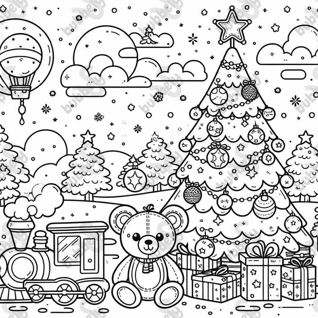 Christmas tree and toy bear with toy train