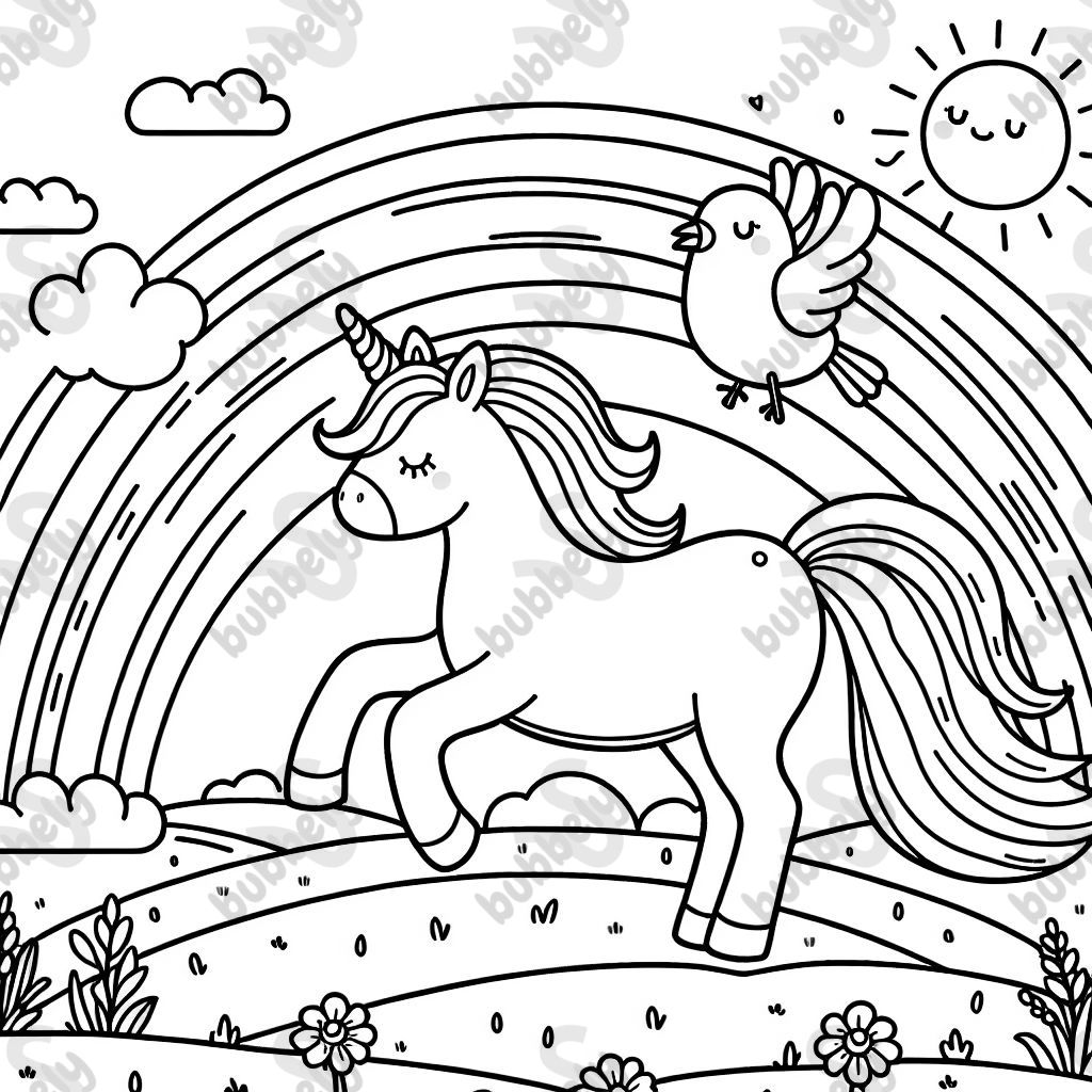 a unicorn on a rainbow and a bird