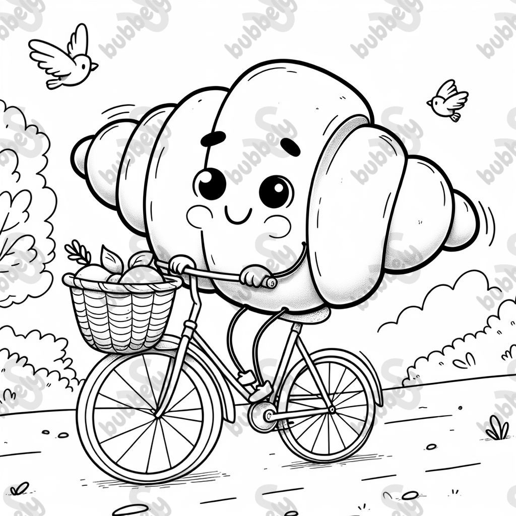 Ein Croissant mit Augen, Armen und Beinen auf einem Fahrrad mit einem Korb