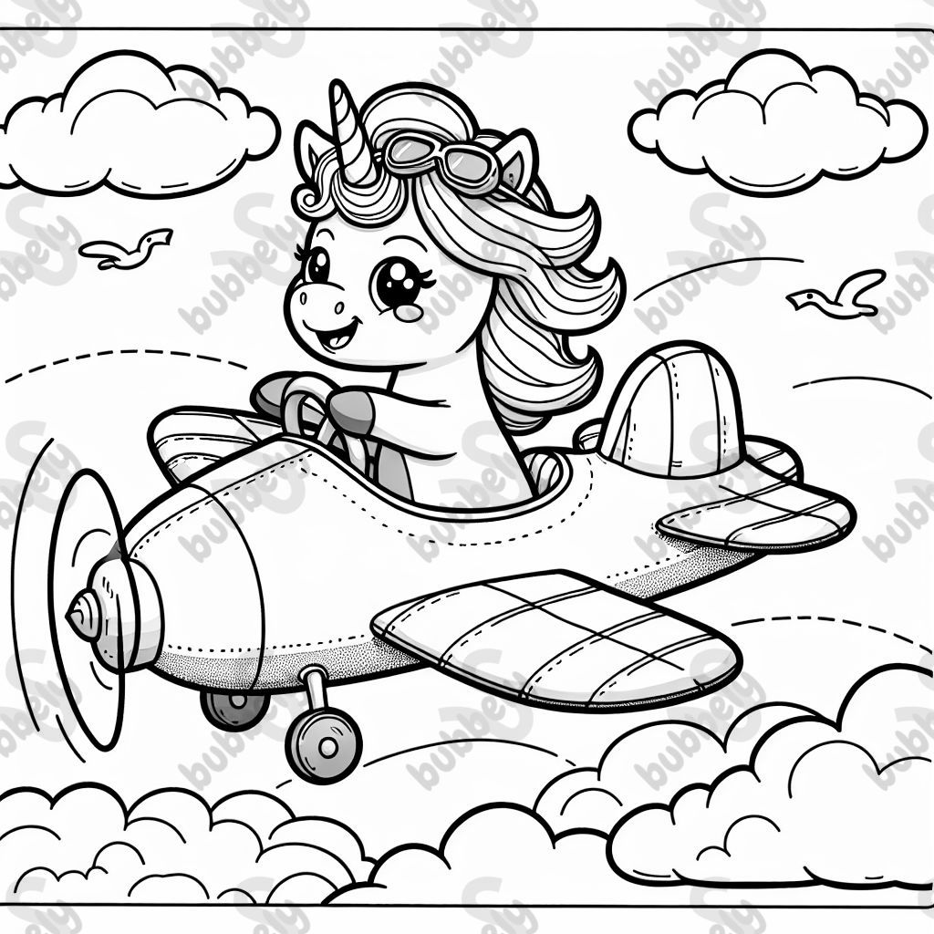 A unicorn driving a plane in the sky