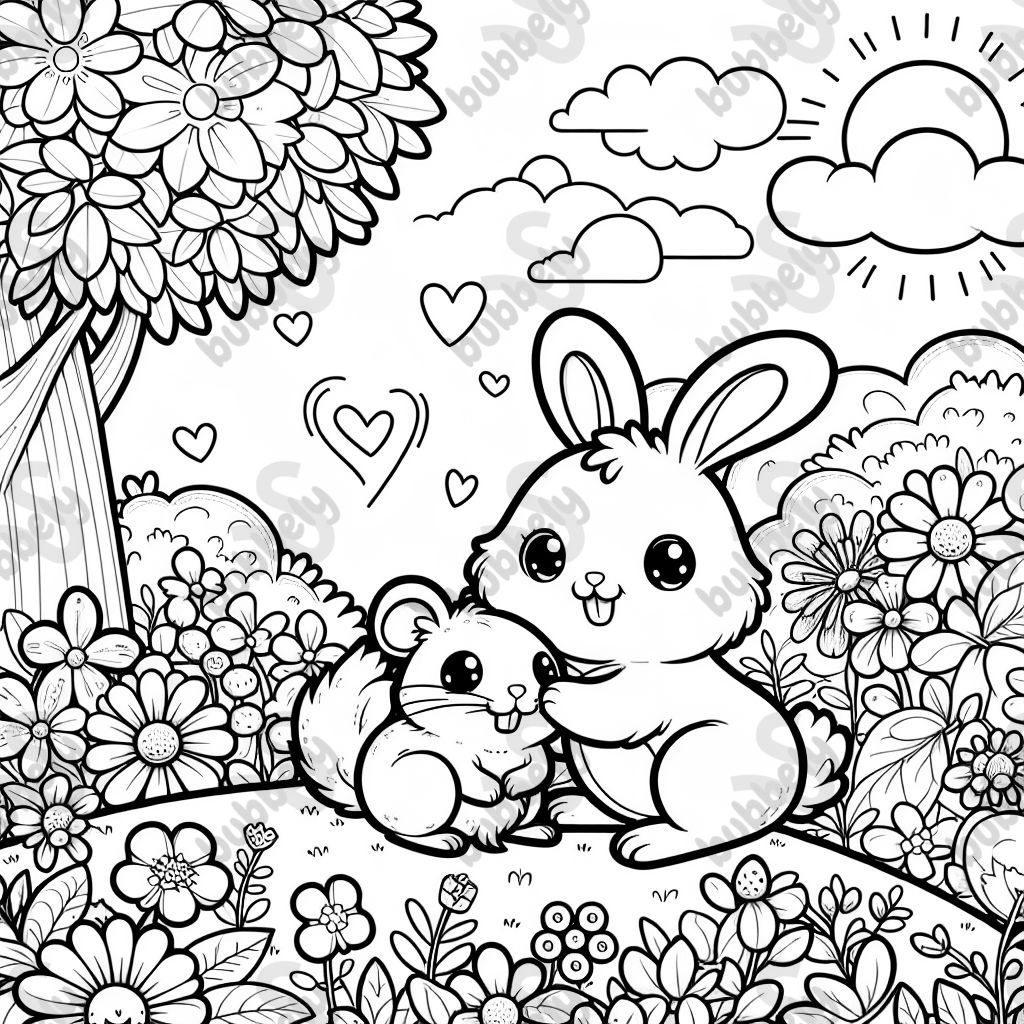 a bunny and a hamster playing together in the flowers