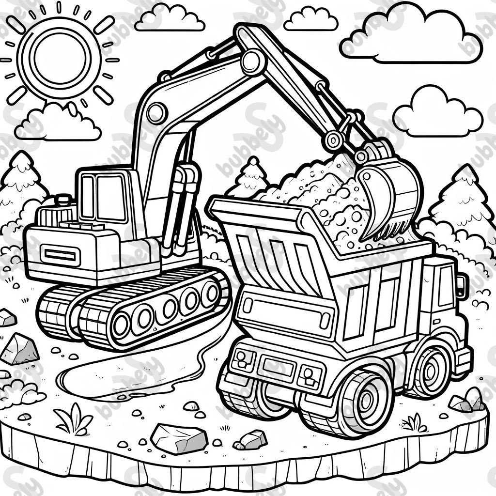 einen Bagger, der ein großes Loch gräbt und die Erde in einen Muldenkipper schaufelt