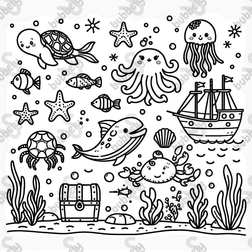 An underwater world with fish, starfish, an octopus, a turtle, a whale, a ray, a treasure chest, a shipwreck, and a mermaid