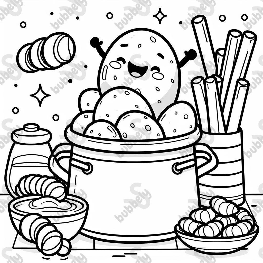 Kartoffeln die fröhlich in einem Topf sind. Aussen sind Gnocchi und Pommes 