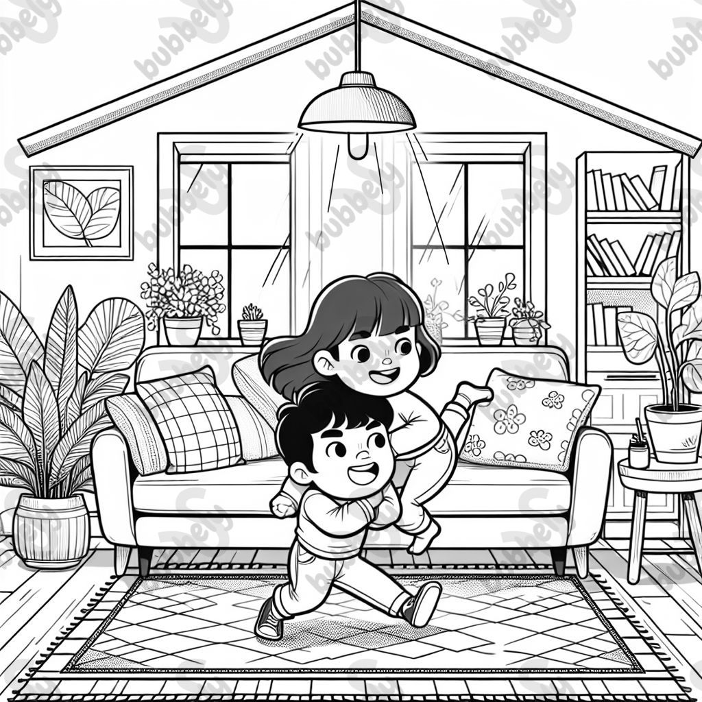 two kids wrestling in living room