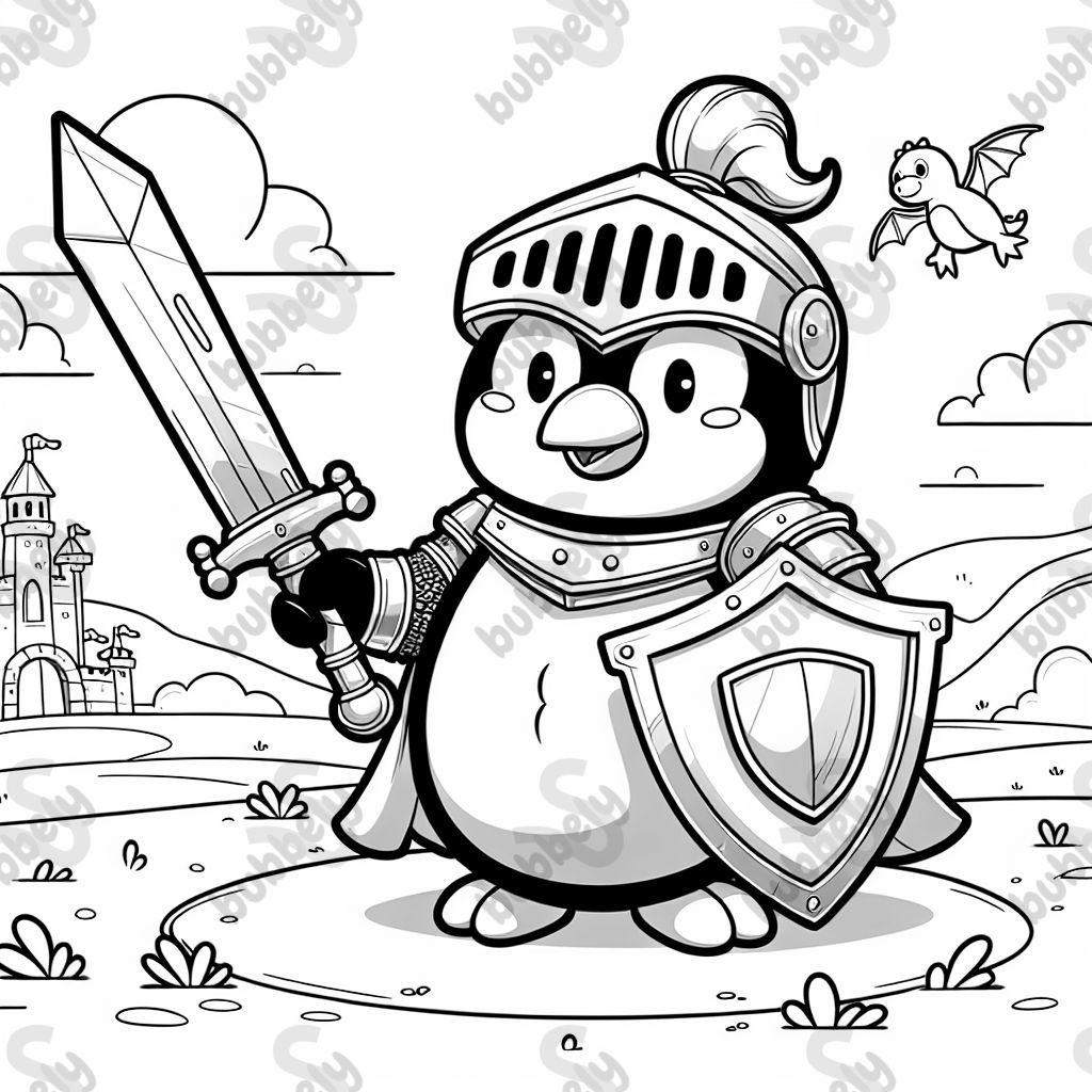 ein Pinguin in Ritterrüstung mit Schwert und Schild