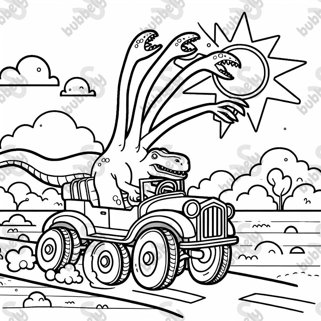 a dino driving a car with seven legs