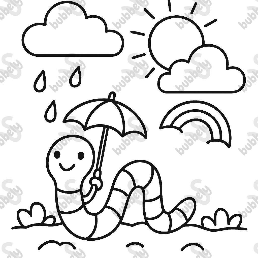 A worm peeking out of the ground, with a small umbrella and sun, a few drops and a small rainbow, 1 or 2 clouds, but the worm is the main theme.