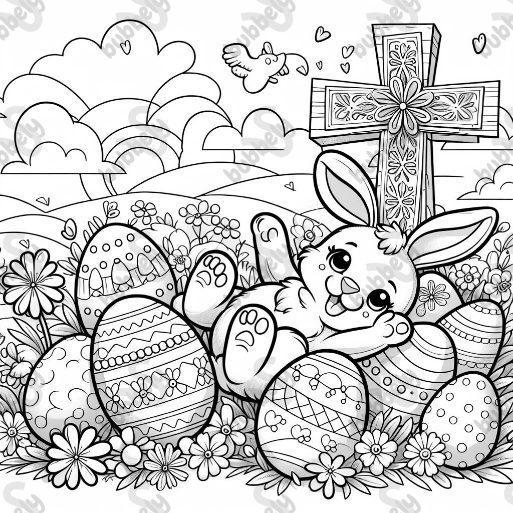easter eggs and cross and bunny and flowers