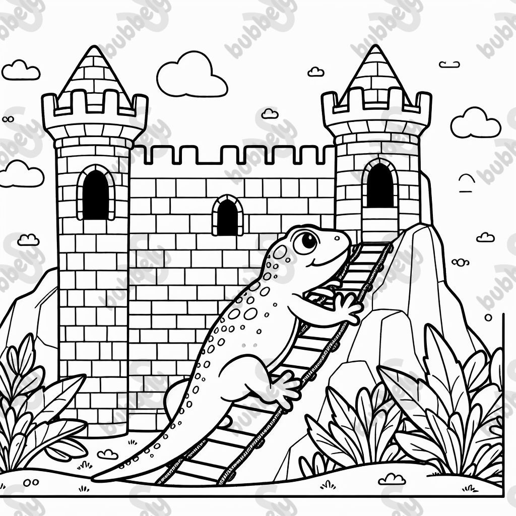 a lizard climbing a castle