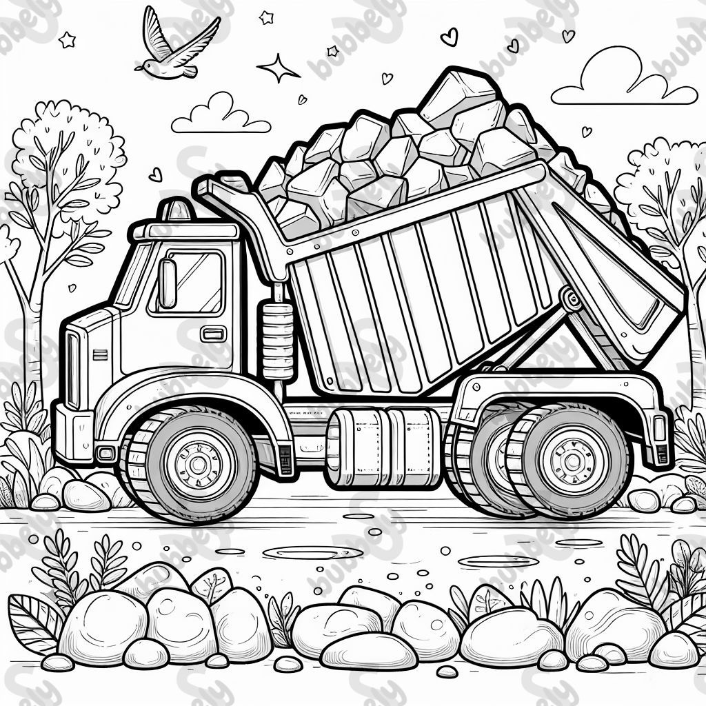 A dump truck that is currently tipping stones