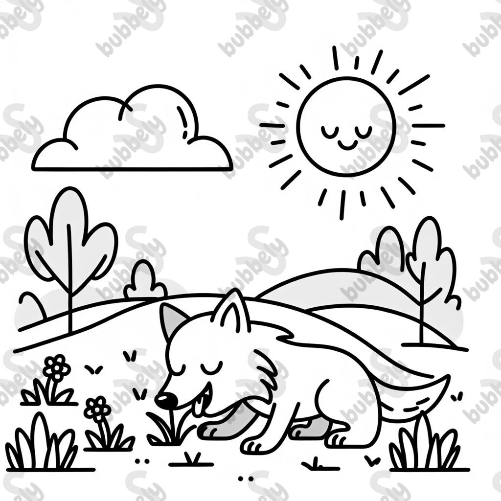wolf eating grass on a sunny day