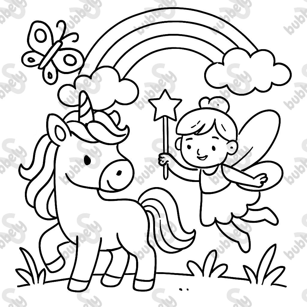 Unicorn with Fairy and Butterfly and Rainbow