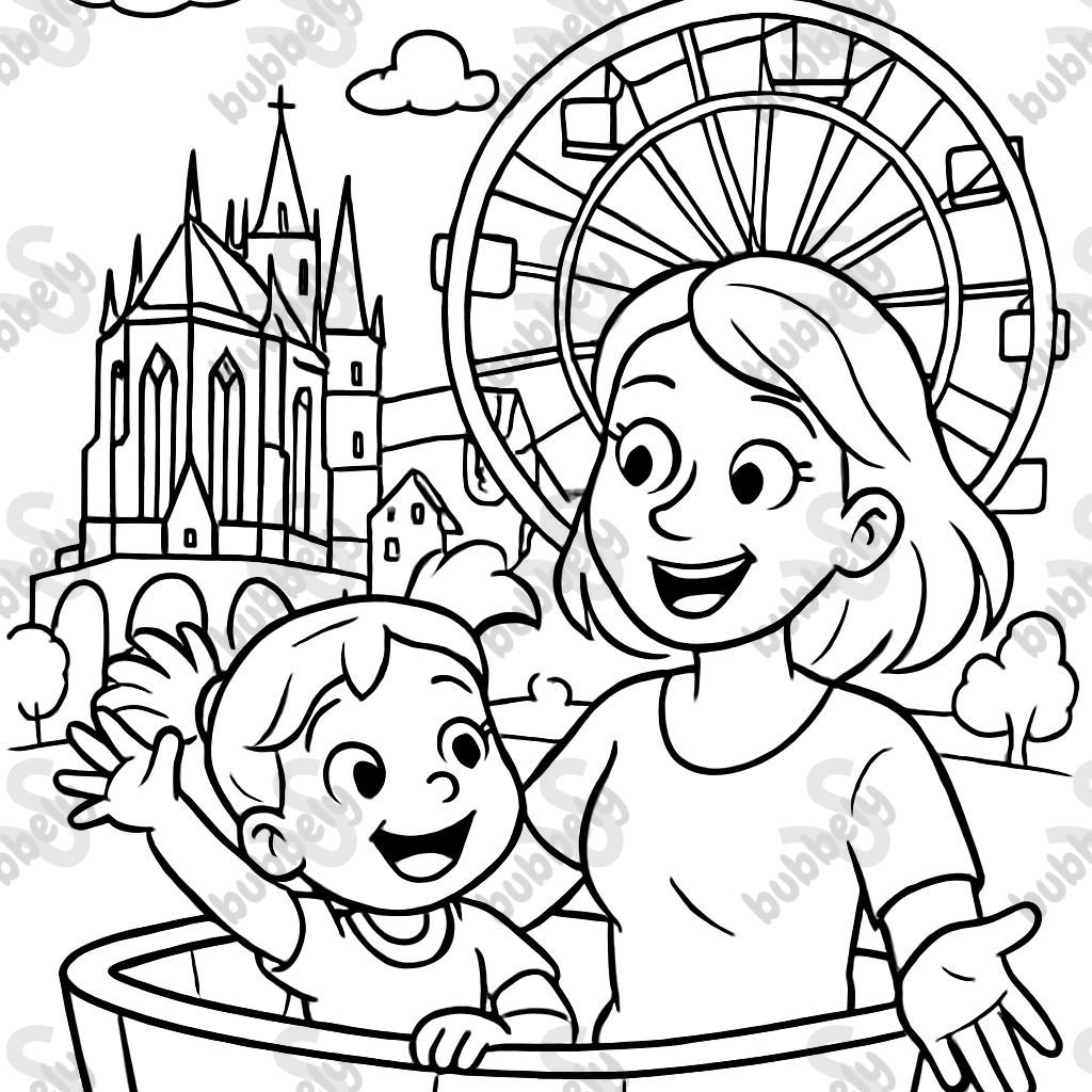 Create a coloring page featuring an adult woman and a 4-year-old girl riding a Ferris wheel in front of the Erfurt Cathedral. Create a coloring page featuring an adult woman and a 4-year-old girl riding a Ferris wheel in front of the Erfurt Cathedral.
