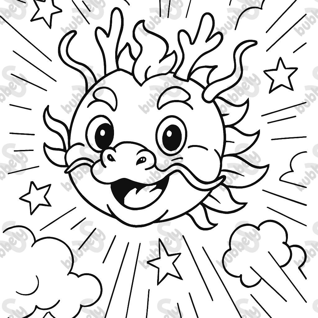 a friendly round caterpillar face without a caterpillar body that looks a bit like a friendly Asian dragon