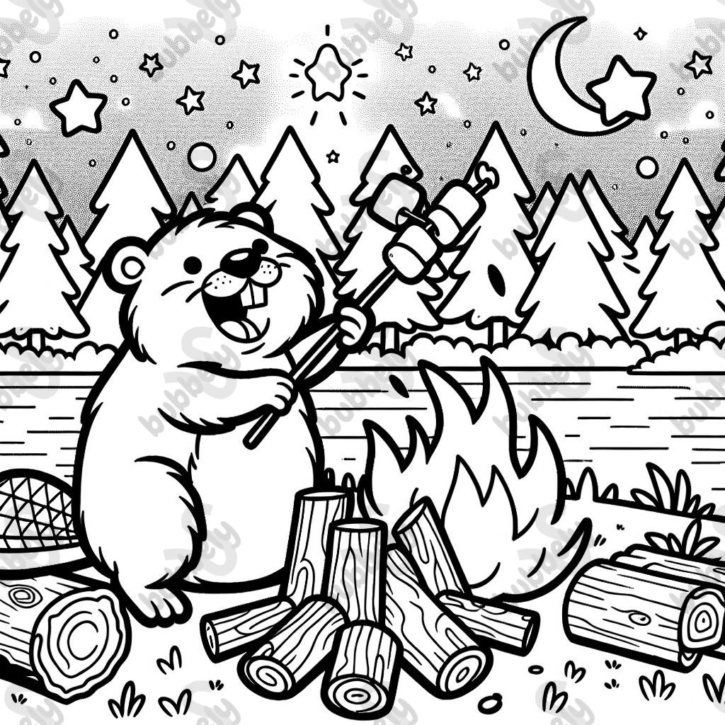a beaver roasting marshmallows at a campfire