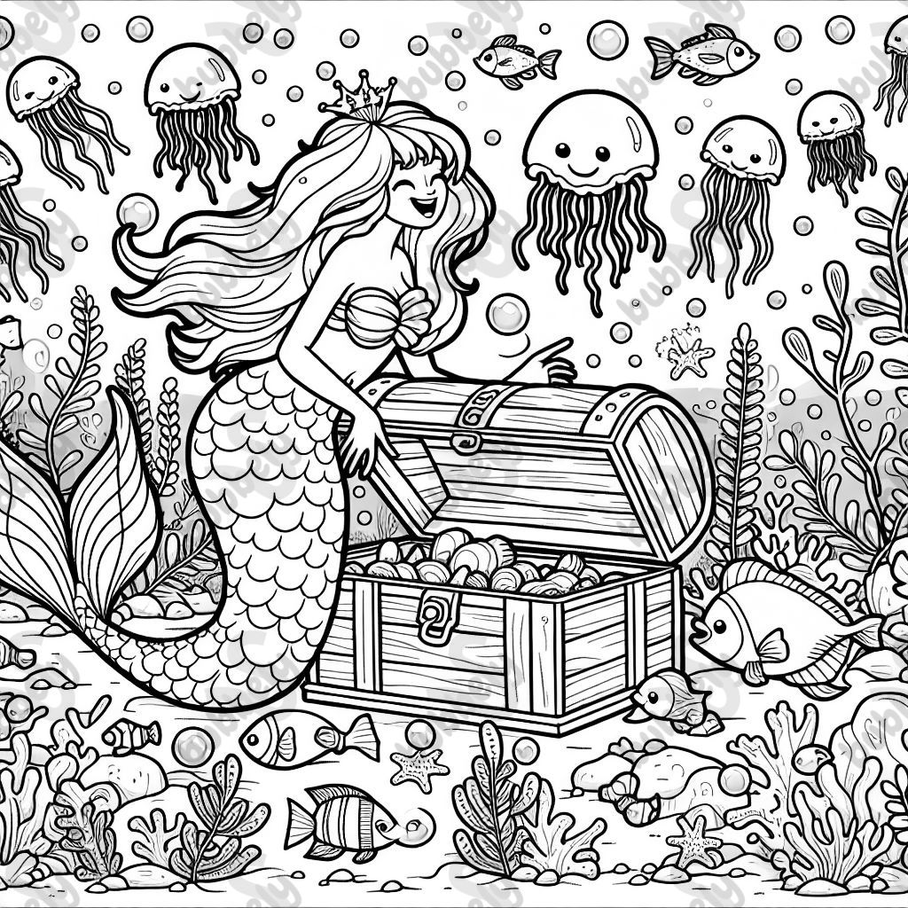 Meerjungrau offene schatzkiste viele fische und quallen