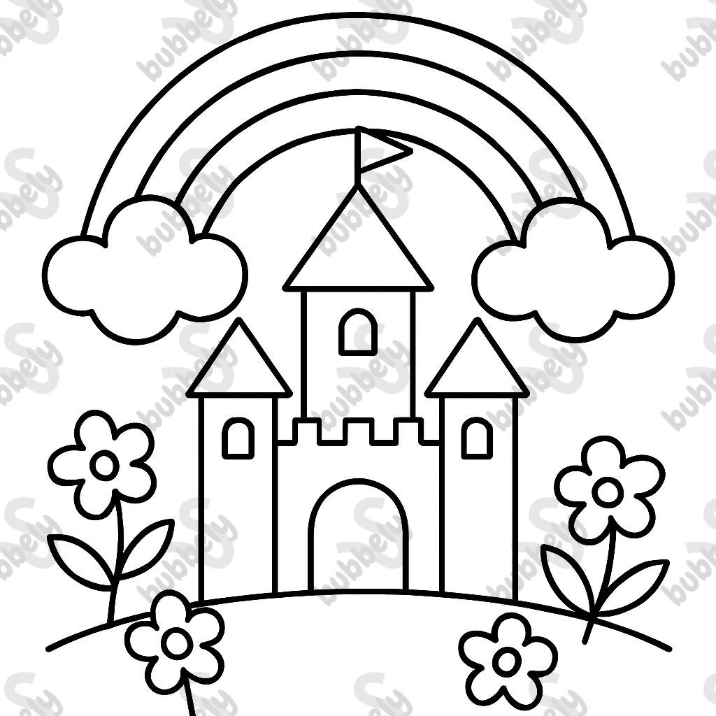 a rainbow, a castle, clouds, and flowers