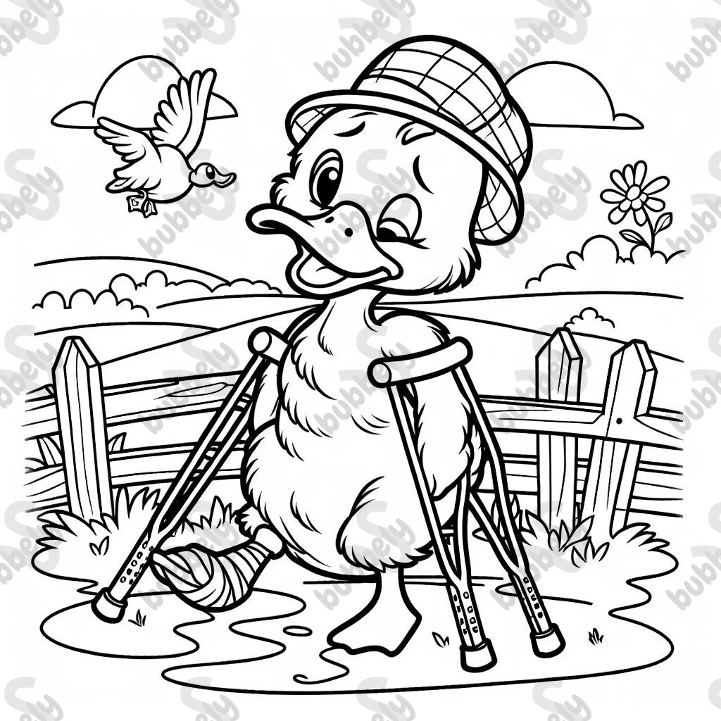 A duck with a broken leg and a broken wing and crutches