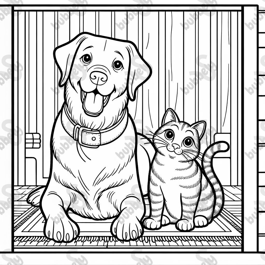 A tabby cat and a Labrador Retriever are depicted together in a scene. This illustration offers children the chance to express their creativity through coloring.
