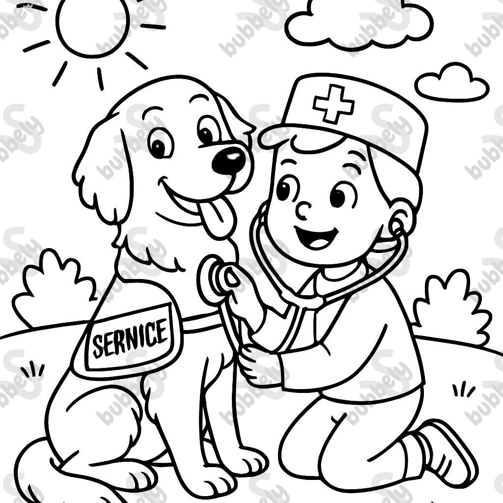 A golden retriever in a service vest letting a kid play doctor.