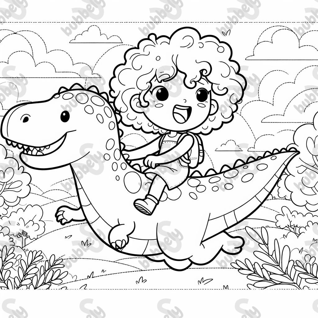 A curly girl with shoulder-length hair riding on a dinosaur.