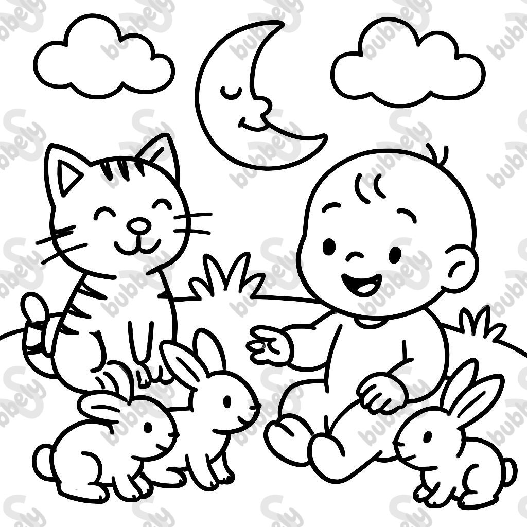 A happy tabby cat, three friendly rabbits and a baby playing under the moon.
