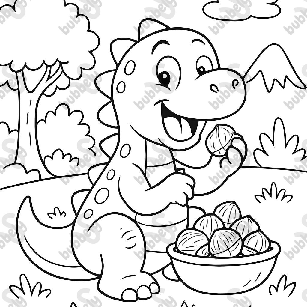 a dinosaur eating chestnuts