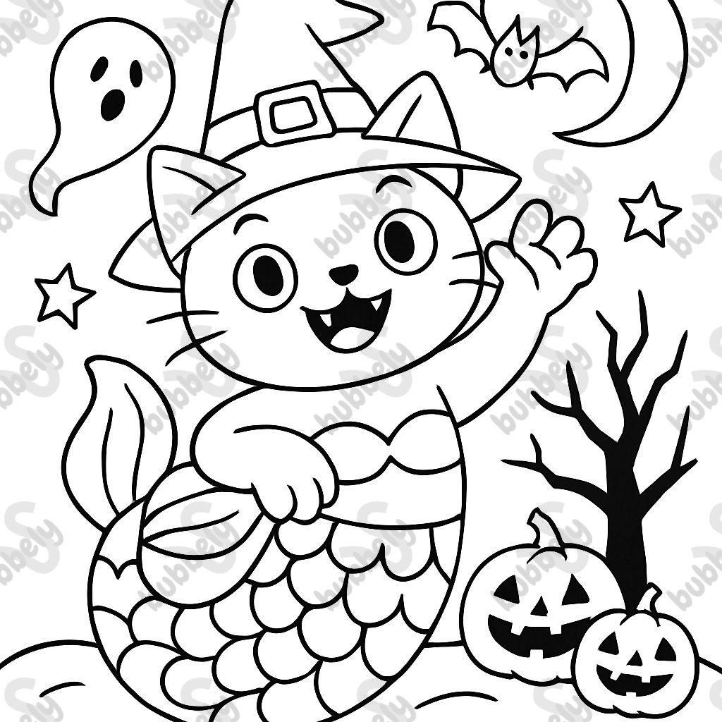 a spooky halloween themed mermaid cat