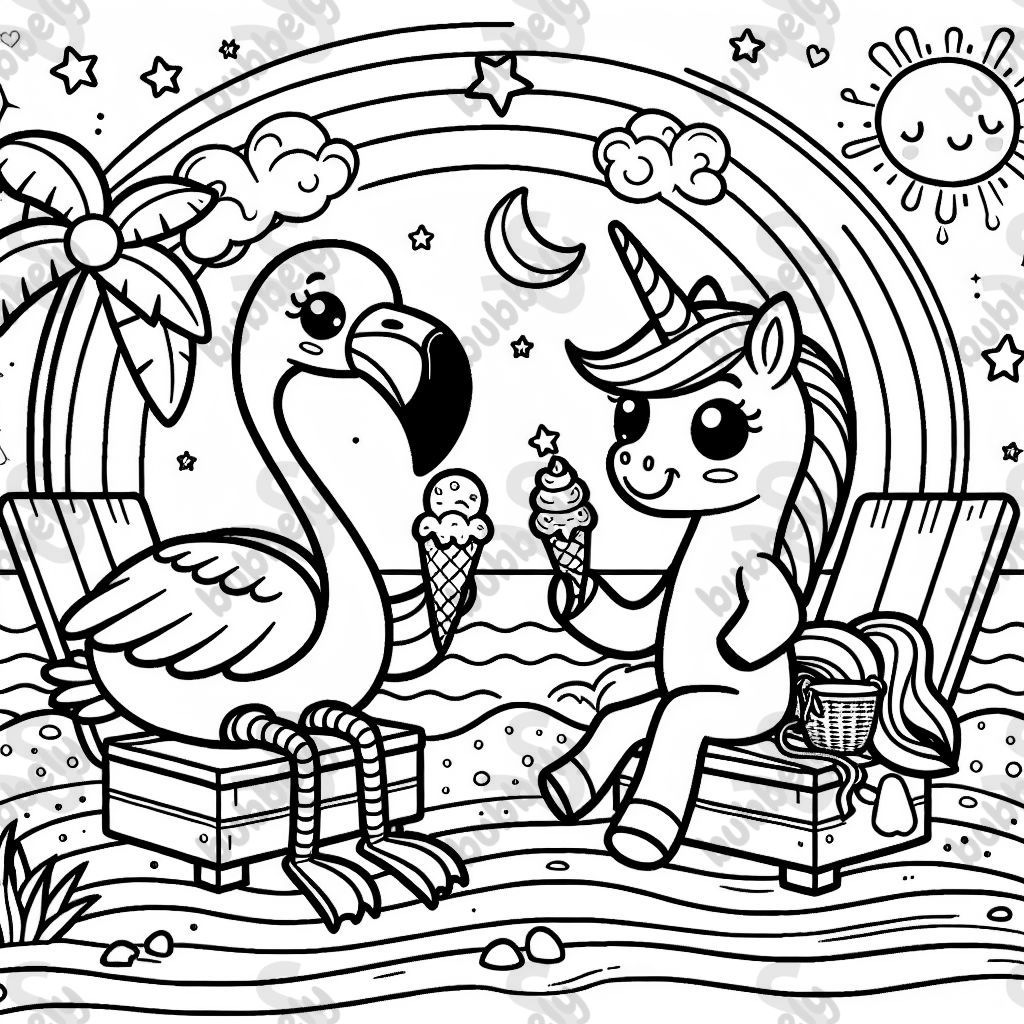 Flamingo and alicorn sitting on the beach eating ice cream with stars and a rainbow in the sky.