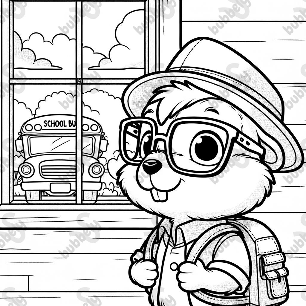 A prarie dog wearing a backpack and glasses with a window behind it and outside through the window you can see a school bus A prarie dog wearing a backpack and glasses with a window behind it and outside through the window you can see a school bus