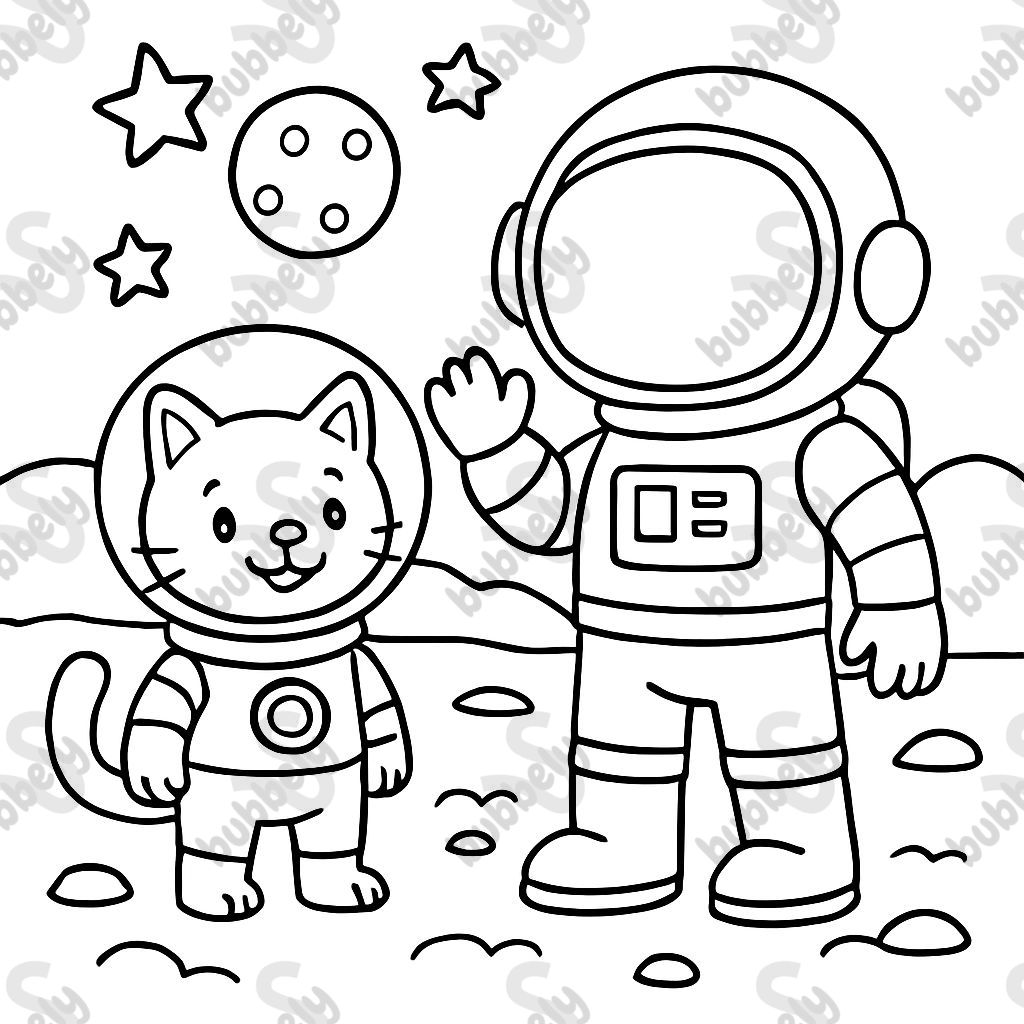 A cat in a spacesuit and an astronaut stand on Mars