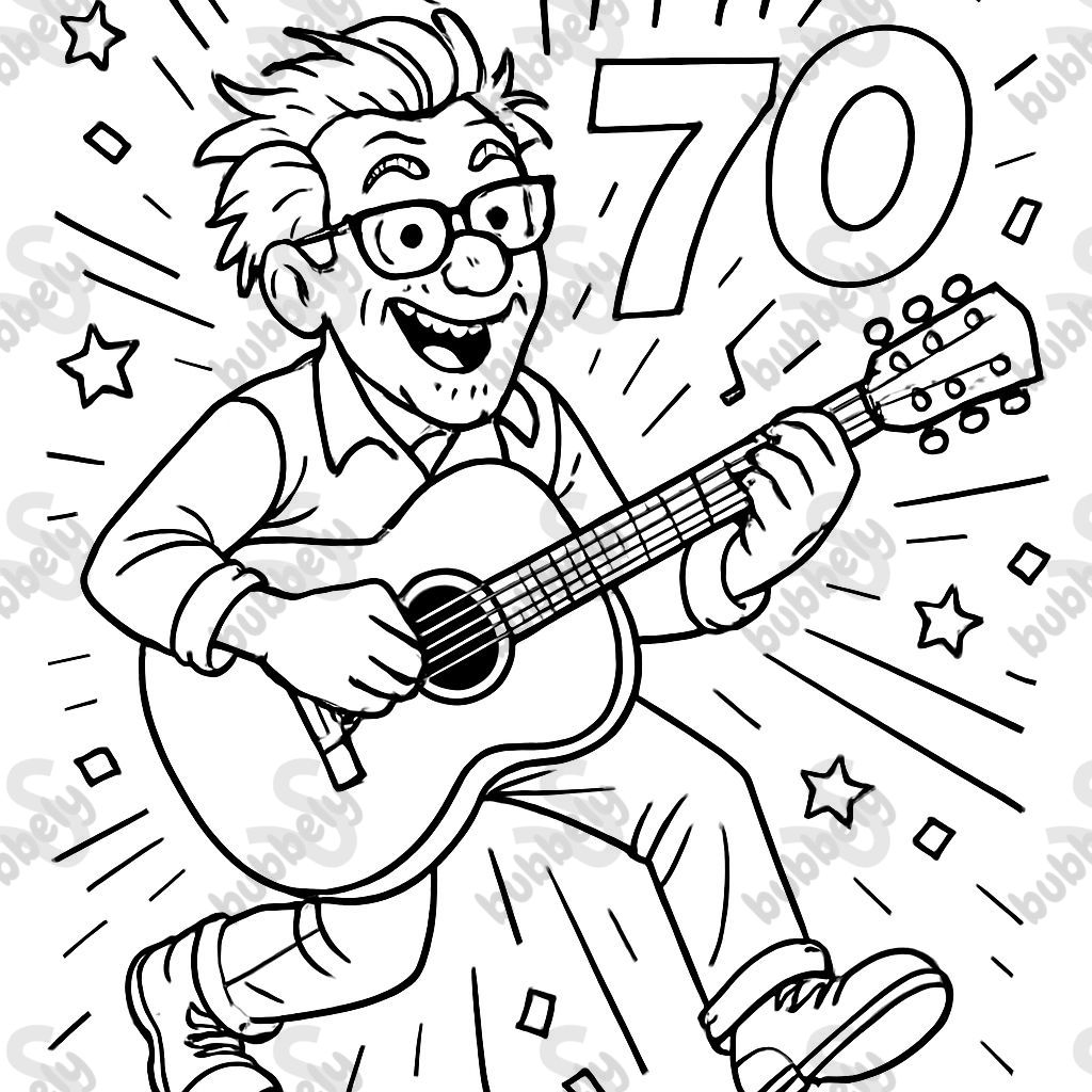 An older man, he plays guitar and celebrates his 70th birthday, he wears glasses and has somewhat messy hair