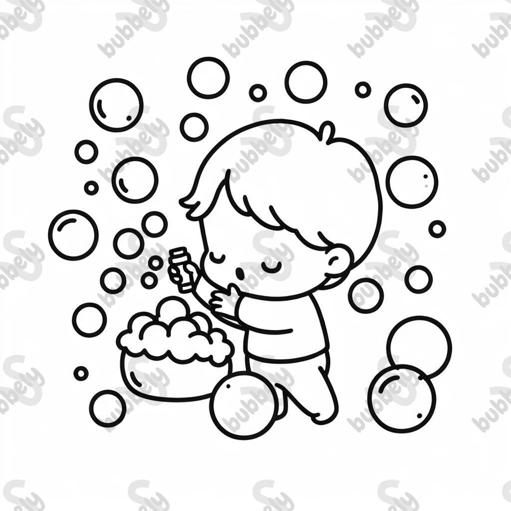 ein kind das seifenblasen macht und von vielen seifenblasen umgeben ist