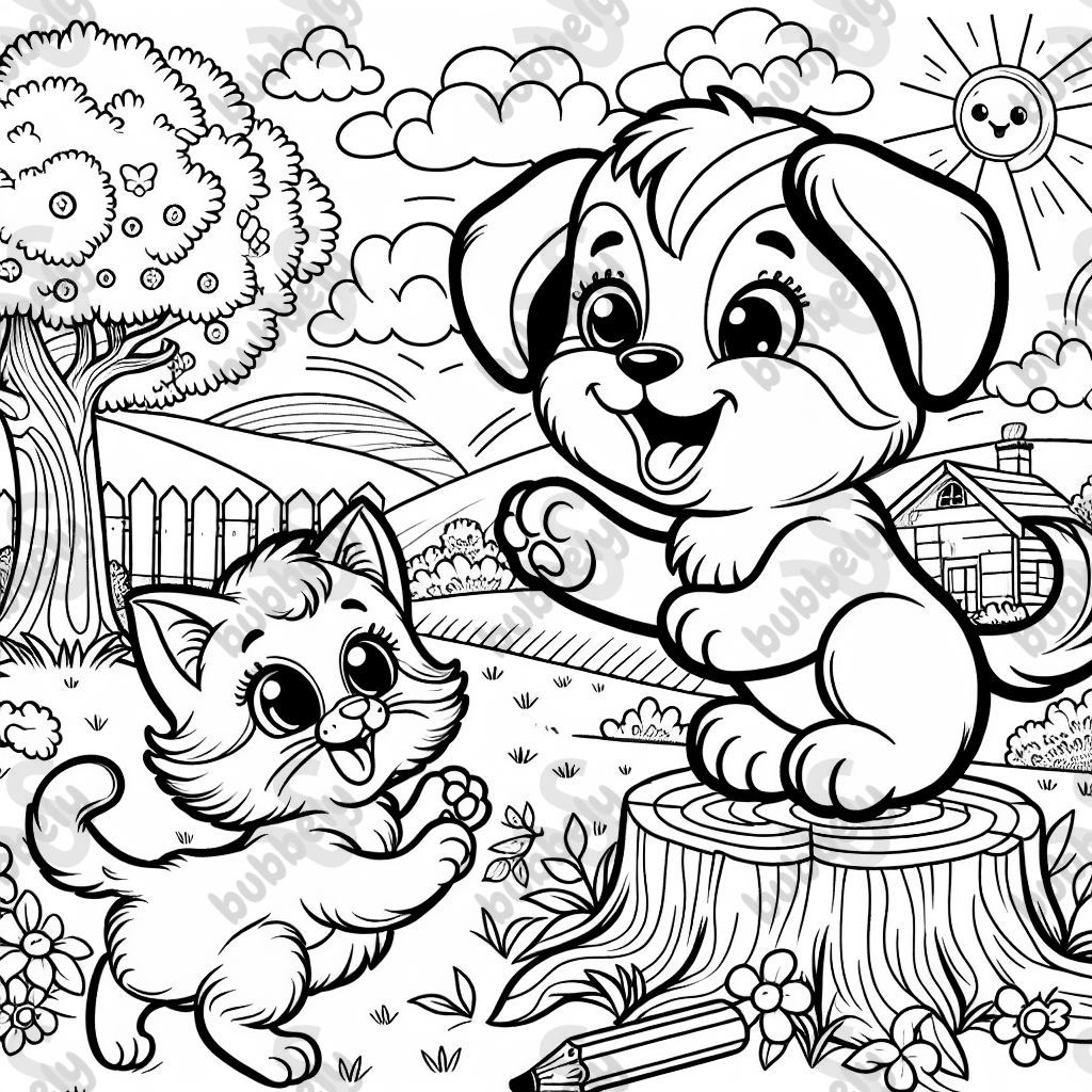 puppy and a kitten playing outside