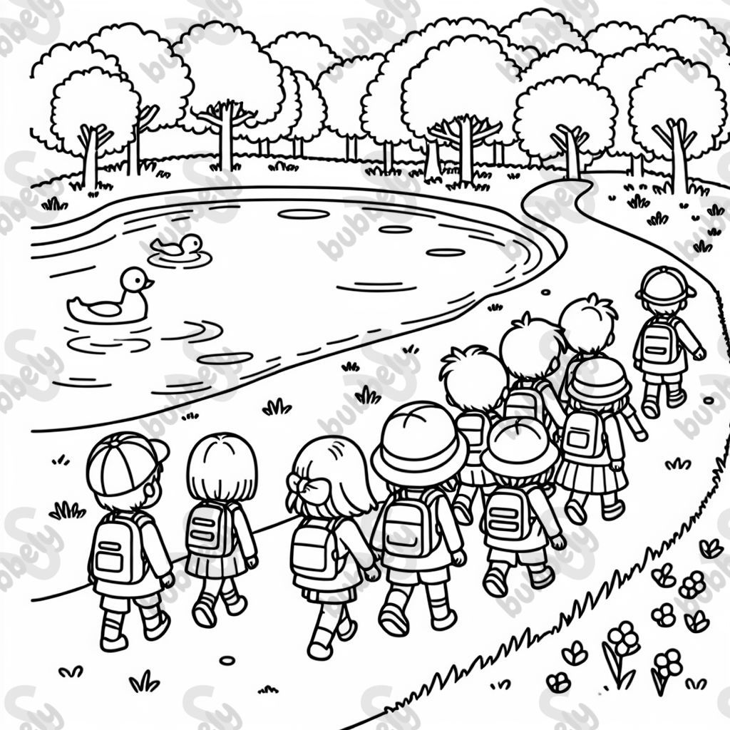 a first grade class waling on a path around a lake