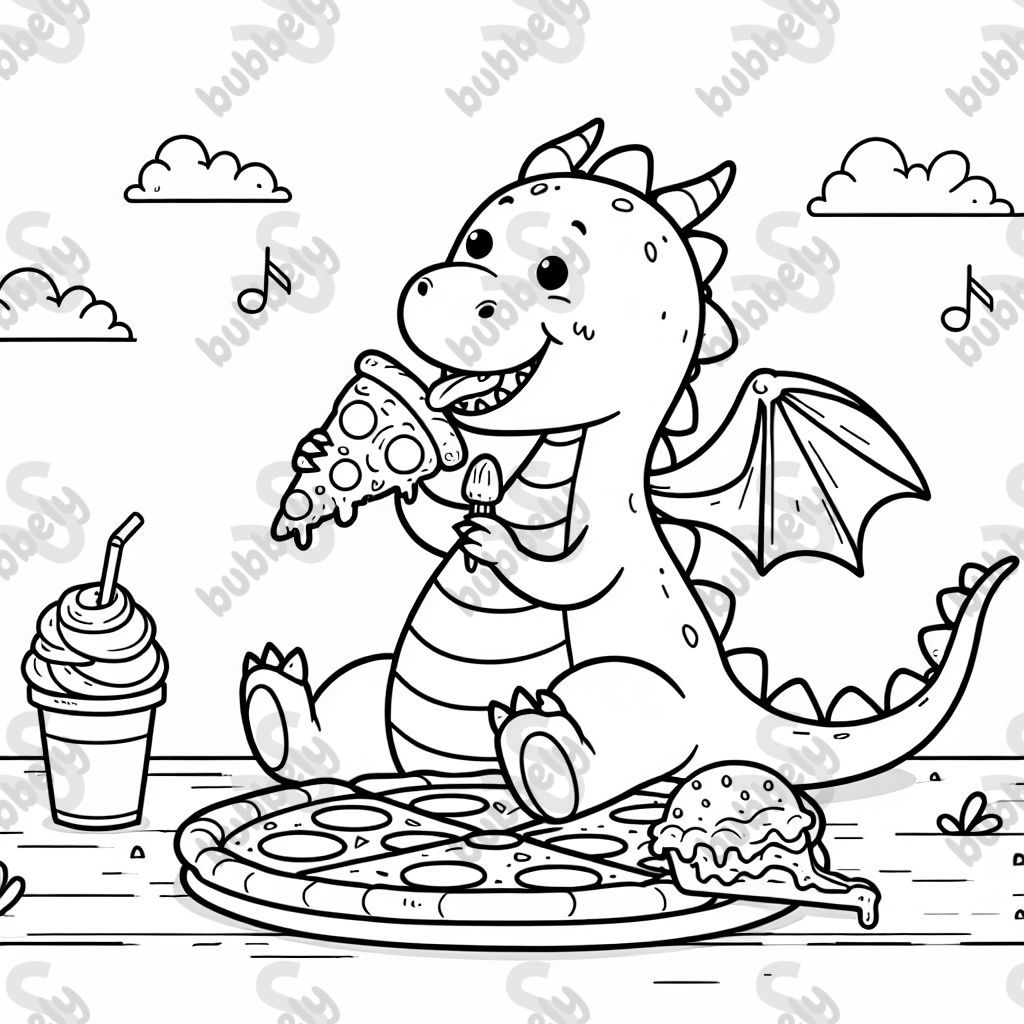 A dragon eating pizza and ice cream sandwich.