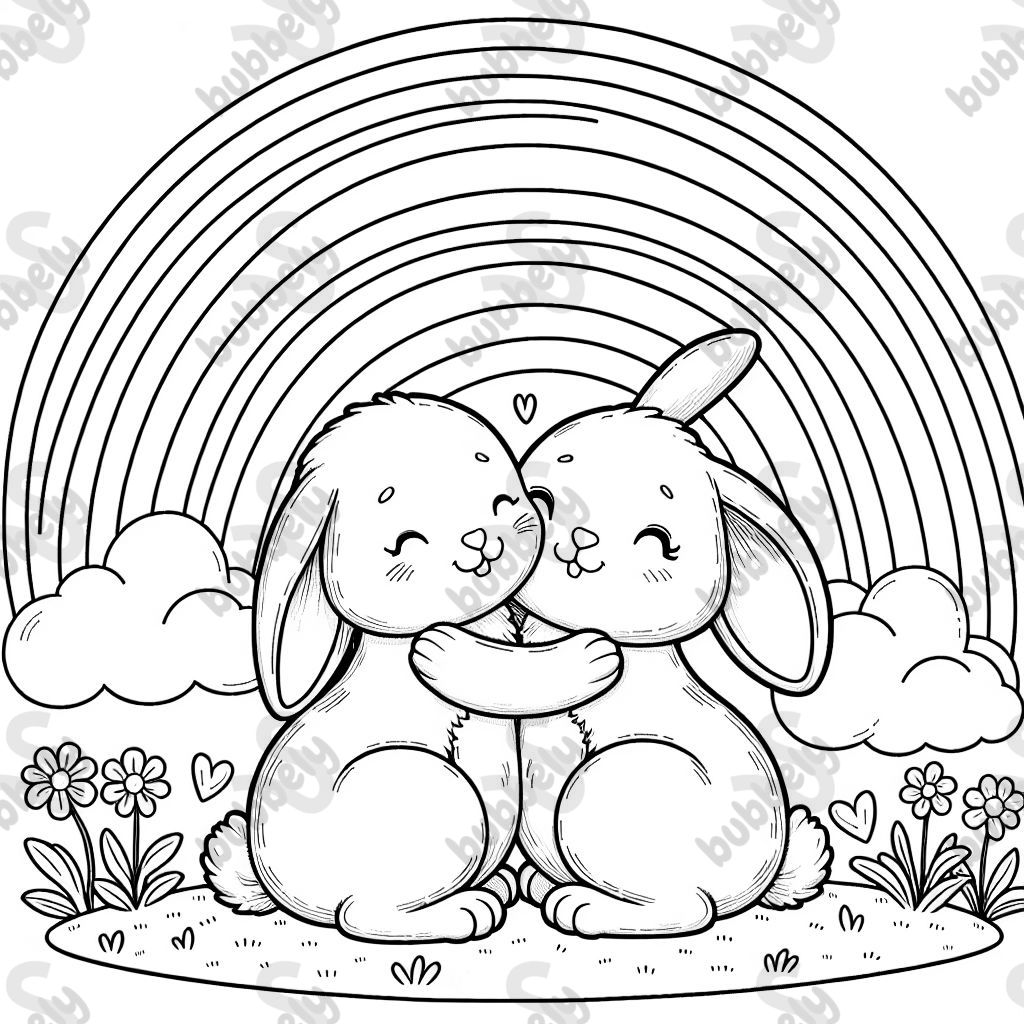 Two bunny rabbits hugging with rainbow in background