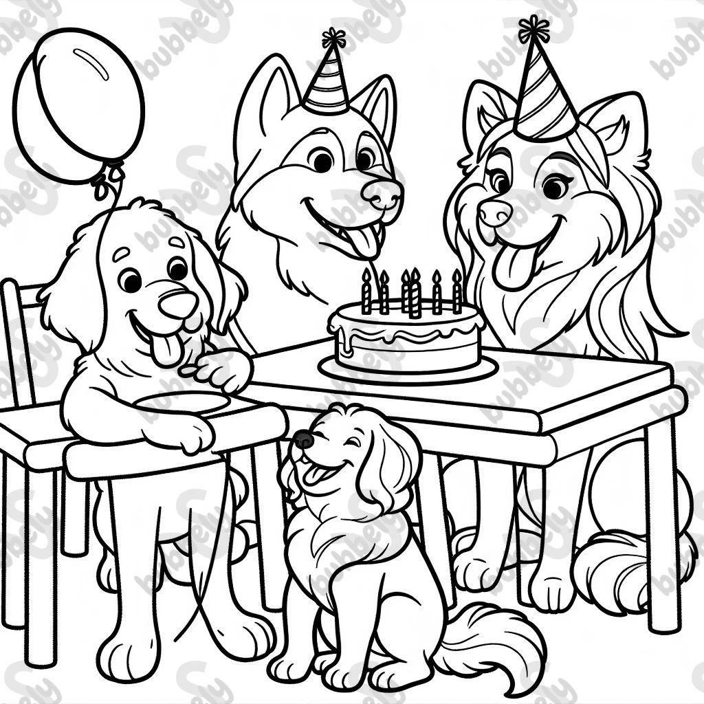 A golden retriever, a husky, and a goldendoodle are having fun at a birthday party.